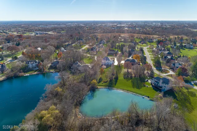 an aerial view of residential houses with outdoor space and trees