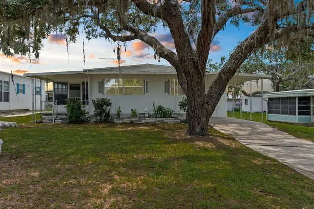 a view of a house with backyard and a tree