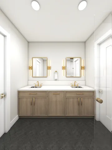 a spacious bathroom with a granite countertop sink and mirror with bathtub