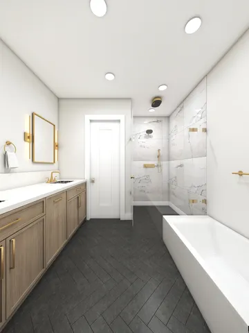 a spacious bathroom with a bathtub sink and mirror