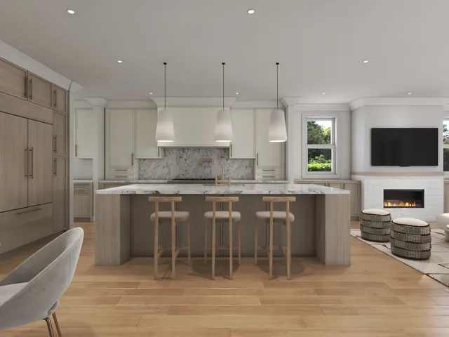 a kitchen with kitchen island granite countertop a stove a sink a oven a dining table and chairs