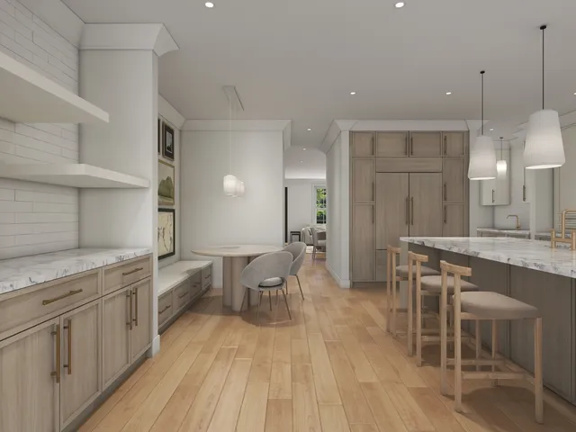 a kitchen with a dining table chairs wooden floor appliances and cabinets