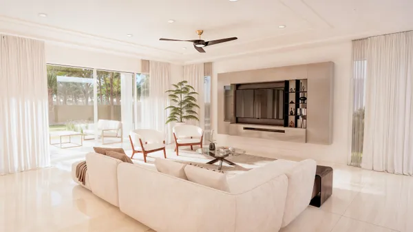 a living room with furniture and a large window