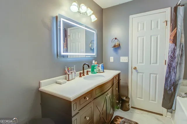 a bathroom with a sink vanity and a mirror
