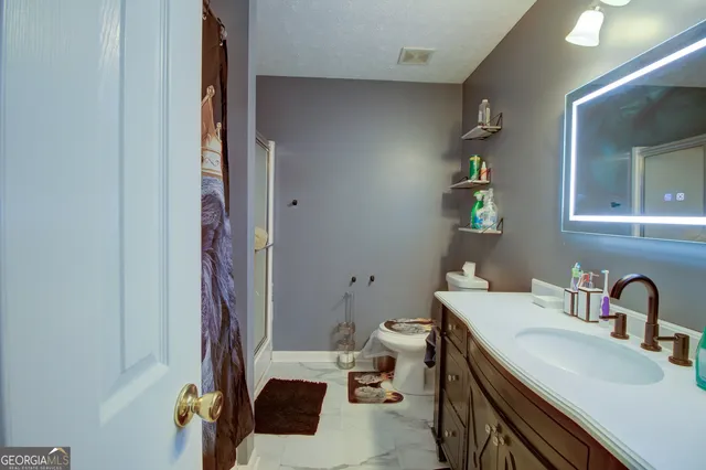 a bathroom with a sink toilet and a mirror