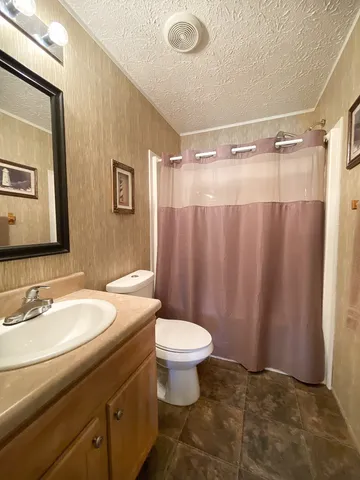 a bathroom with a sink a toilet a mirror and shower curtain