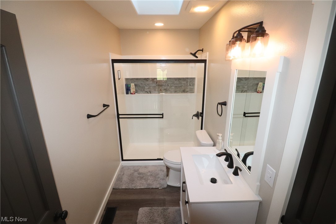 10582 Irvin Road Creston, OH 44217 - Photo 26 of 47 Bathroom featuring a skylight, an enclosed shower, vanity, toilet, and wood-type flooring