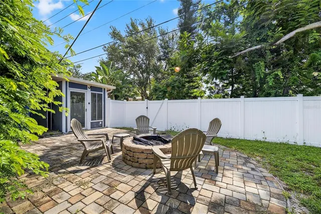 a backyard of a house with table and chairs
