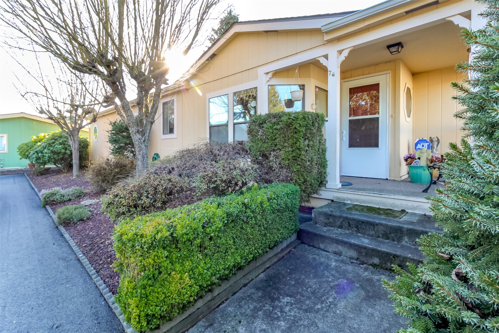 a view of a house with a yard and potted plants