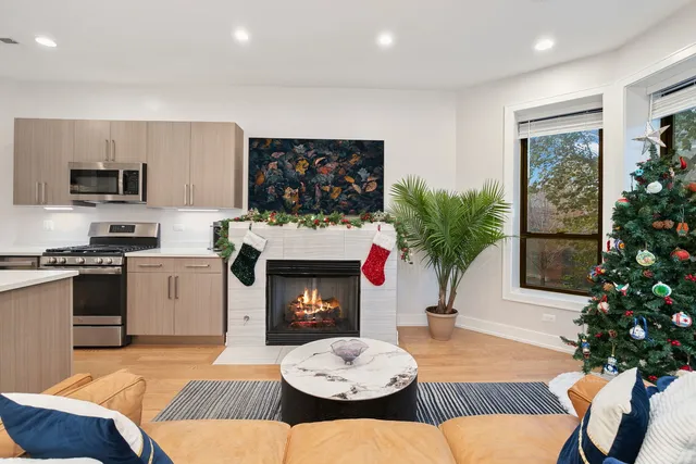 a living room with furniture a potted plant and a fireplace