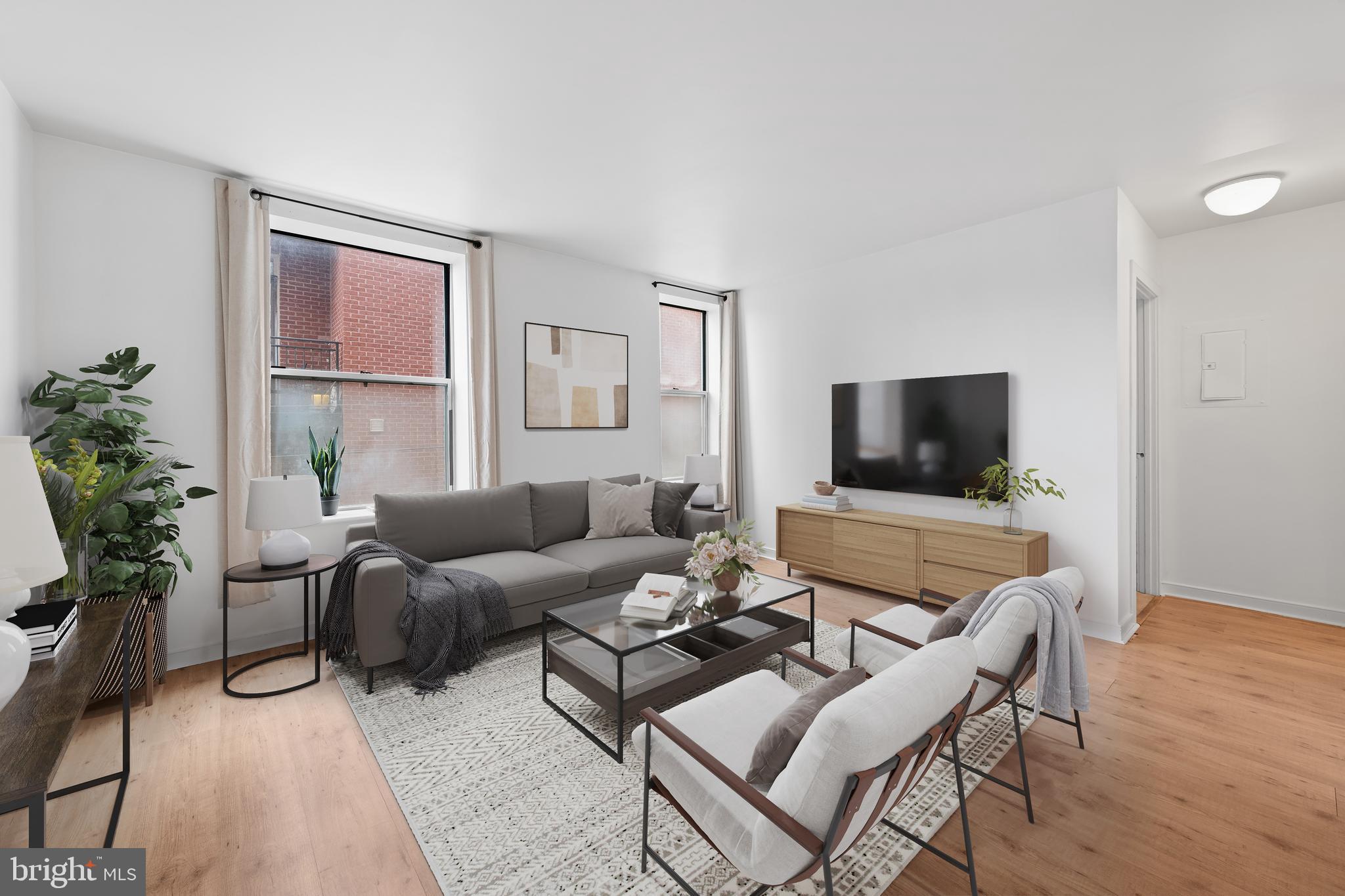 2611 Adams Mill Road Northwest, Unit 208 Washington, DC 20009 - Photo 7 of 22 a living room with furniture a flat screen tv and a potted plant