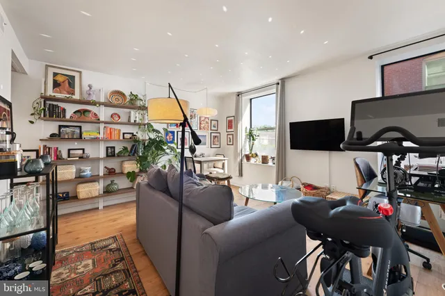 a living room with furniture a rug and a floor to ceiling window