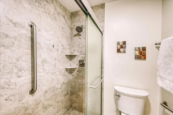 a bathroom with a toilet and a shower