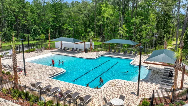 a view of a park with large trees