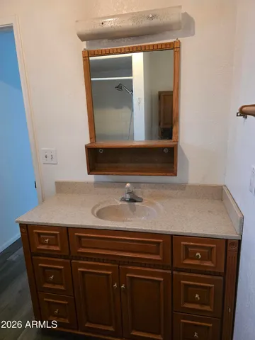 a bathroom with a sink a vanity and a mirror