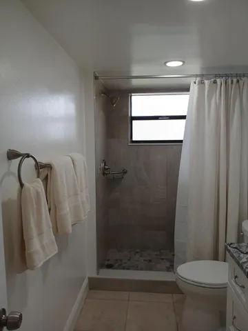 a bathroom with a shower and a toilet
