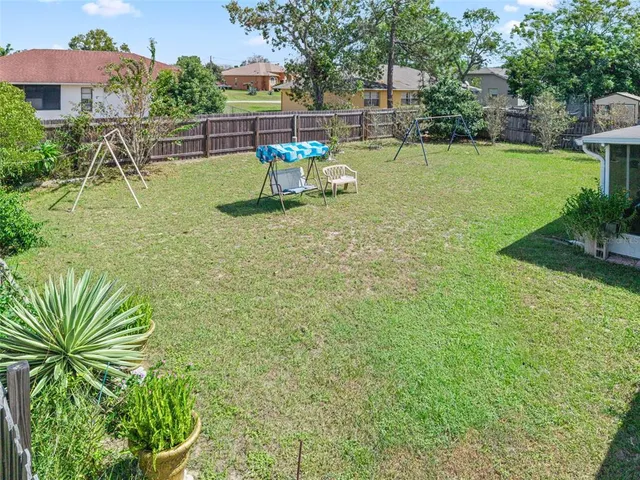 a view of a garden with a slide