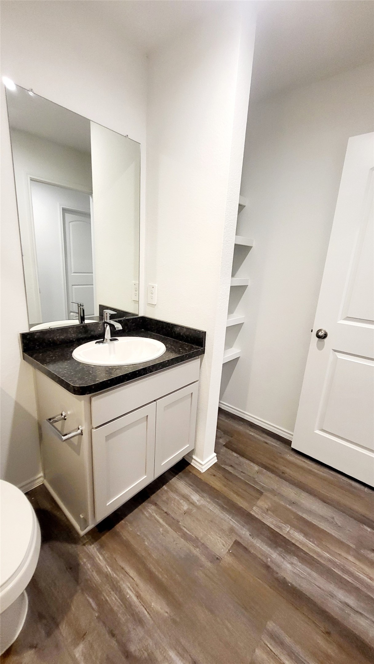 23835 Sunland Park Spring, TX 77373 - Photo 13 of 14 This is a modern, compact bathroom featuring a dark-finished vanity with under-sink storage, a white basin, and a large mirror above. To the side, there's a built-in shelving unit for additional storage. The space is finished with wood-look flooring and neutral walls, offering a clean and contemporary feel.