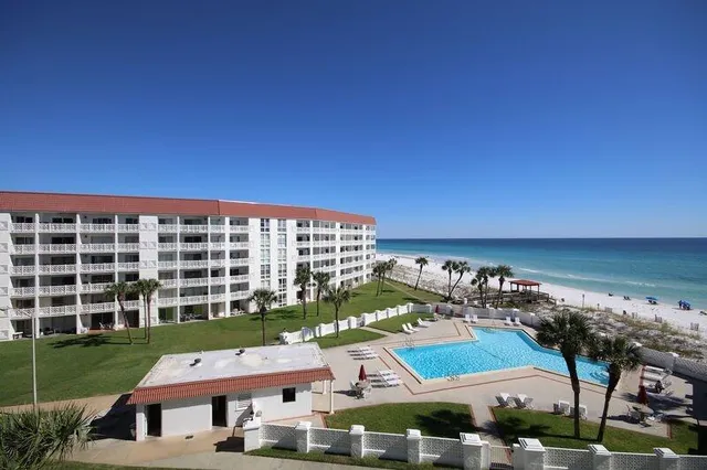 aerial view of a building with outdoor space
