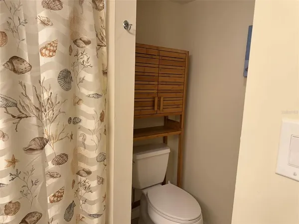a white toilet sitting next to a shower curtain