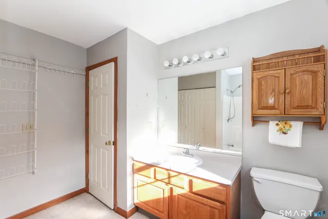 a bathroom with a sink a toilet a mirror and shower