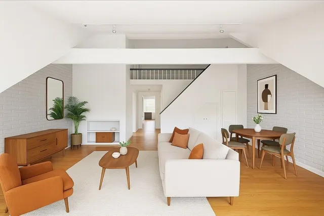 a living room with furniture wooden floor and dining room