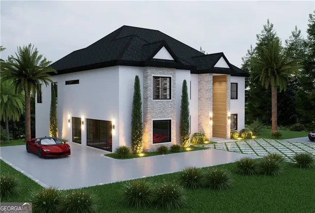 a front view of house with yard and green space