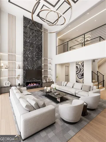 a living room with furniture and fireplace