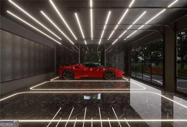 a living room with furniture and a floor to ceiling window