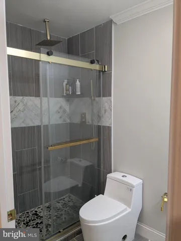 a bathroom with a toilet and a shower