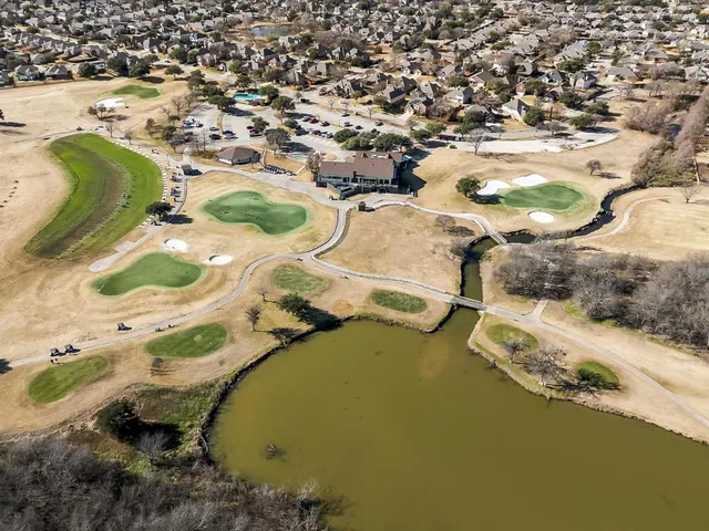 an aerial view of a swimming pool