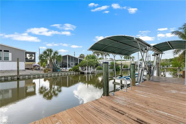 a view of a lake with a patio