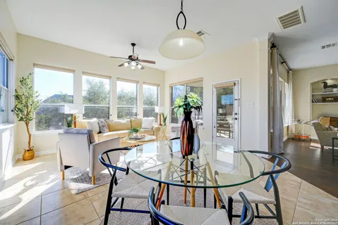 a view of a dining room with furniture window and outside view