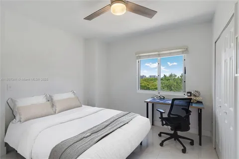 a bedroom with a bed and a desk