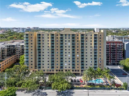 a city view with tall buildings