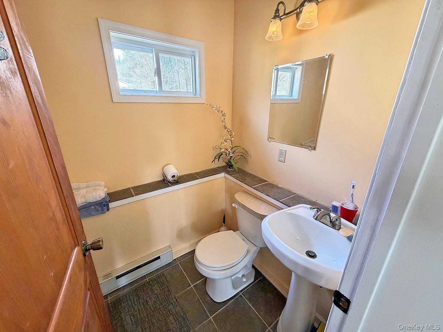 860 River Road Callicoon, NY 12723 - Photo 12 of 45 a white toilet sitting next to a bathroom sink and a mirror