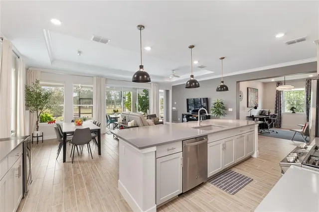 a living room with furniture kitchen view and a potted plant