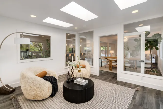 a living room with furniture and a potted plant