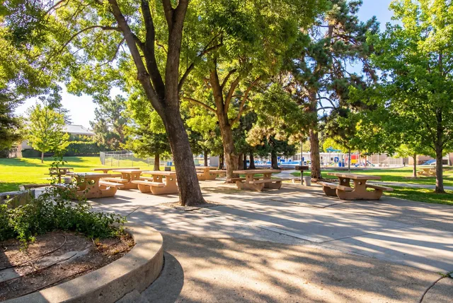 a view of park with slide and a bench