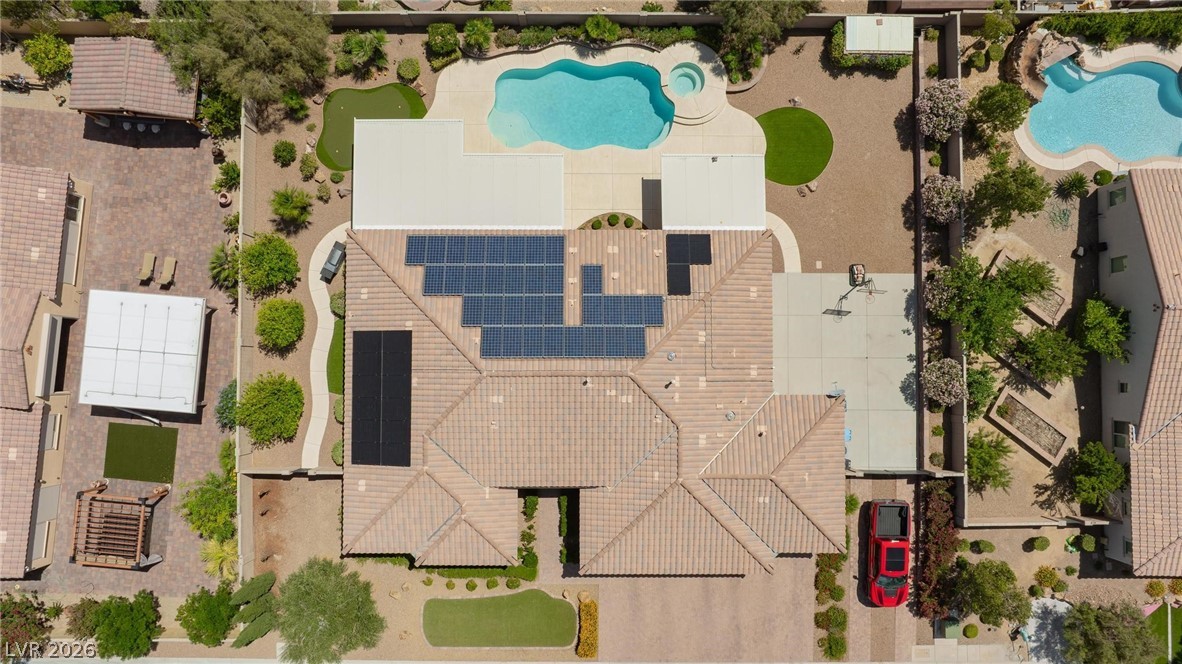 8431 Durango Ranch Court Las Vegas, NV 89113 - Photo 44 of 49 This aerial view showcases a residence with ample outdoor living spaces and recreational amenities.