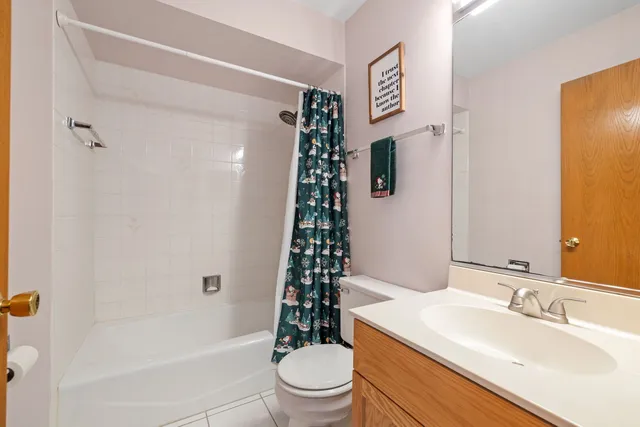 a bathroom with a sink a toilet a shower curtain and a large mirror