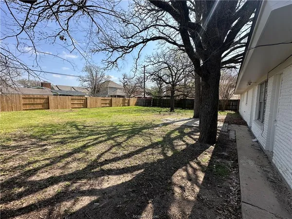 a view of a yard with large trees