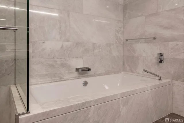 a bathroom with a bathtub