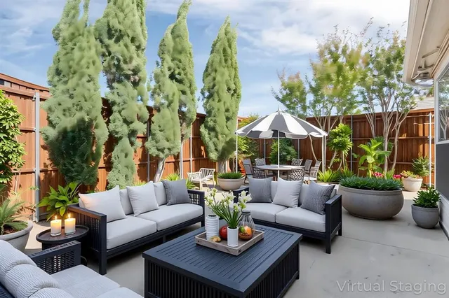 a building outdoor space with patio furniture