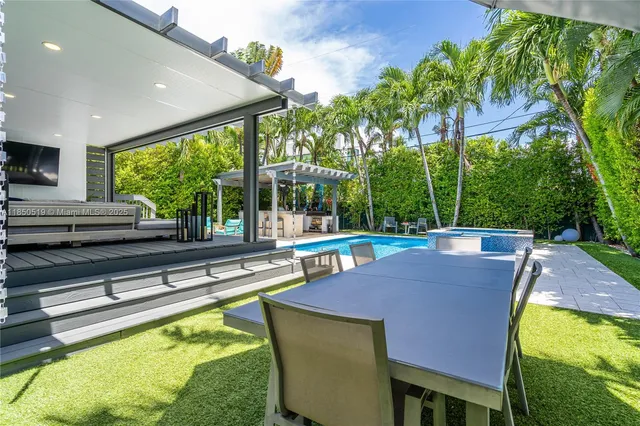 a view of swimming pool with seating area and garden