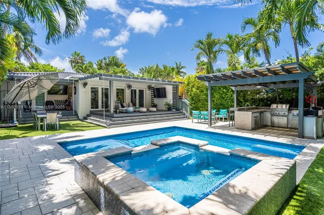 a view of a house with swimming pool and sitting area