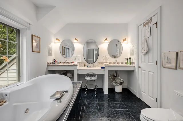 a bathroom with a double vanity sink mirror and toilet