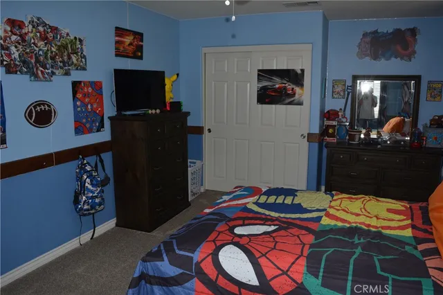 a bedroom with a bed and a television