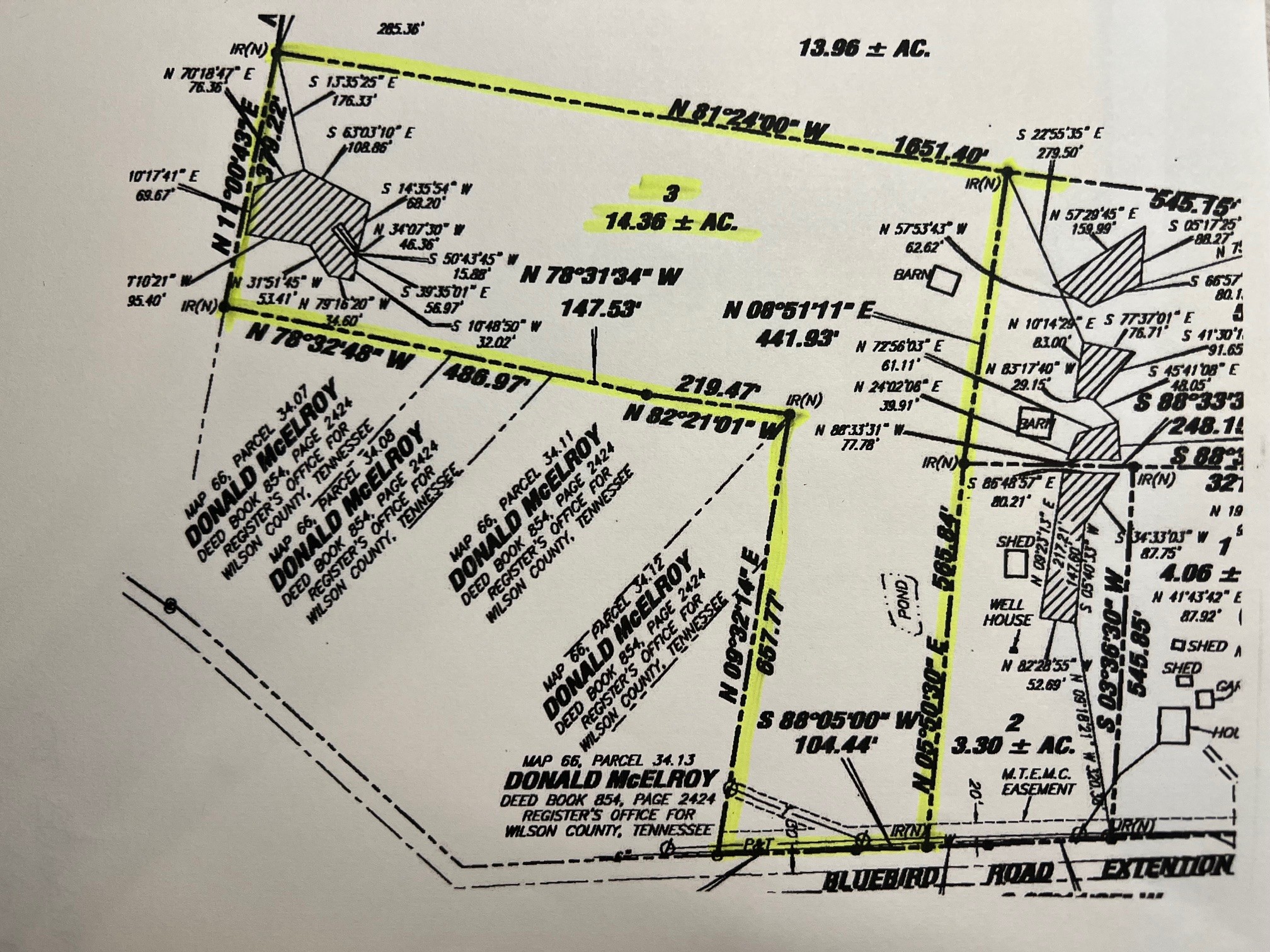 55 Bluebird Rd Extension Lebanon, TN 37087 - Photo 10 of 23 Survey of property - lot 3 highlighted in yellow.
