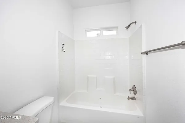 a bathroom with a bathtub and a toilet